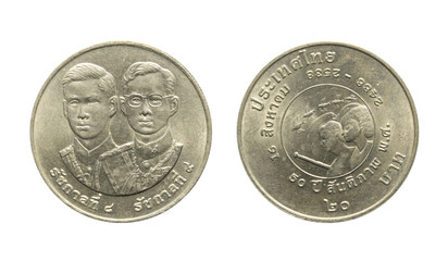 Naklejka premium Ancient nickel coin twenty baht year 1945-1990, Back and front of Thailand with clipping path isolated on white background.
