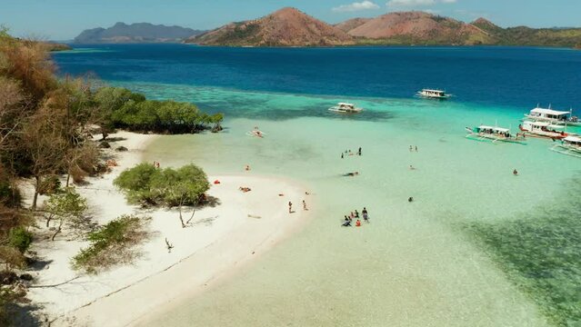 aerial seascape tourists enjoy tropical beach. tropical island with sand beach CYC, palm trees. Philippines, Palawan. Tropical landscape with blue lagoon, coral reef