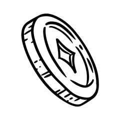 Golden coin cartoon icon. Outline comic style image of pentacle token. Hand drawn isolated illustration for prints, designs, cards. Media highlights vector graphic symbol