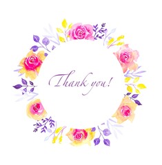 Floral wreath of yellow-pink roses and leaves, watercolor