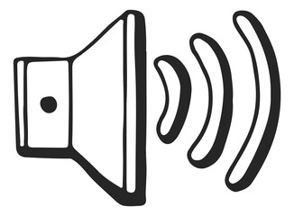 Speaker doodle icon. Sound device black symbol