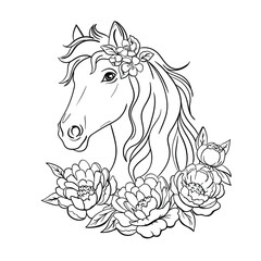 Unicorn with flowers Coloring Page Isolated outline for coloring book. White and black