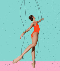 Graceful woman. ballerina like puppet in somebodies hands on colored background. Concept of...