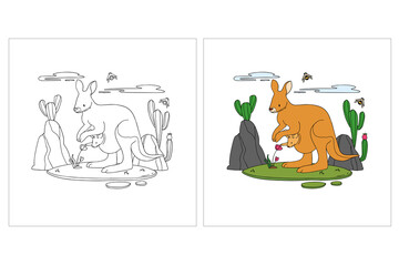 Hand drawn cute animal mom and kid for coloring page 6