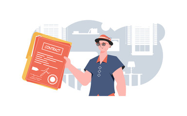 The man is holding a contract. The character is depicted to the waist. The concept of concluding contracts. Vector illustration in a flat style.