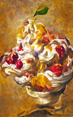 Painted oil picture with ice cream and various fruits.