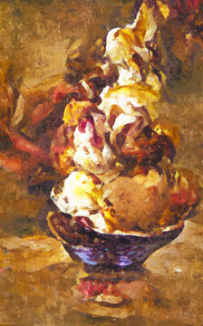 Painted ice cream of the variety vanilla, bannane and chocolate.