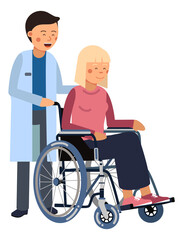 Medical worker helping patient in wheelchair. Handicap concept