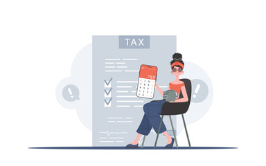 The girl sits in a chair and holds a calculator and a piggy bank in her hands. The concept of payment and calculation of taxes. Vector illustration in a flat style.