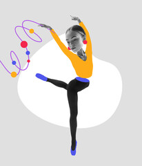 Contemporary art collage with flexible ballerina with drawn doll-puppet body dancing on colored...