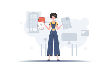 The girl is holding a calculator and a tax form in her hands. The concept of payment and calculation of taxes. Vector illustration in a flat style.