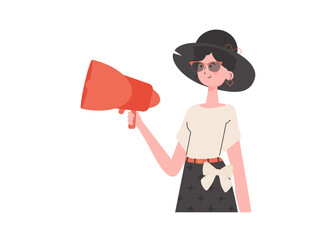 A woman stands waist-deep with a loudspeaker. Isolated. Element for presentation.
