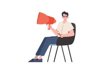 A man sits on a chair with a loudspeaker. Isolated. Element for presentation.