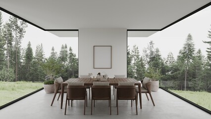 Forest view white dining room scandinavian minimalist interior design 3d render with large windows plants, table with chairs and concrete floor