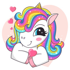 Funny, cute unicorn with a rainbow mane and a heart. In love. Cartoon style.For children's design of prints, posters, t-shirts, cups, stickers., postcards, valentine's greetings. Vector