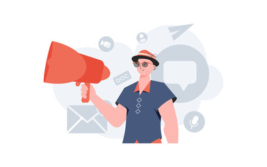 A man stands waist-deep in his hands with a megaphone. Search. Element for presentation.