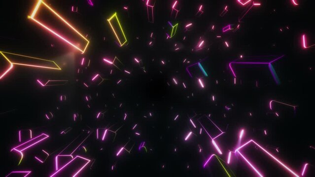 Flying Through Shiny Neon Colored 3D Shapes In Seamless Loop