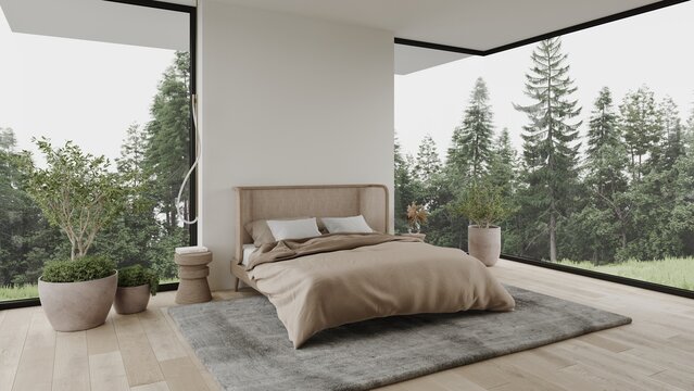 Forest view white bedroom scandinavian minimalist room interior design 3d render with large windows plants and wooden floor