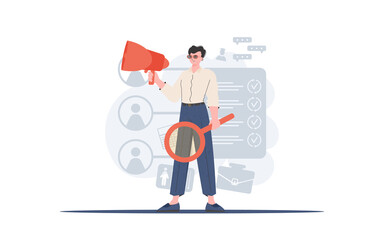 A man stands in full growth with a magnifying glass. Human resource. Element for presentation.