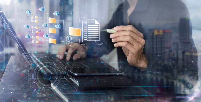 person working at workplace and record data  in system online database storage technology colud computing, Document management system concept
