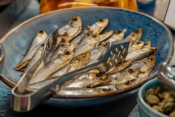 Typical Israeli breakfast buffet at any hotel. Fish buffet with many types of cold fish dishes...