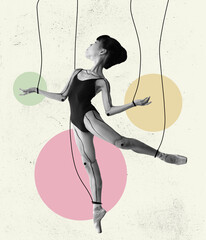Contemporary art collage with flexible ballerina with drawn doll-puppet body dancing on colored...