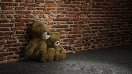 Couple brown teddy bears sitting near brick wall, 3d rendering