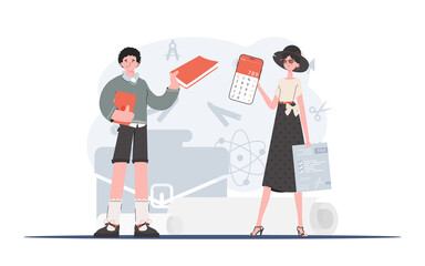 A man and a woman are standing and holding a book and an example of a tax form. The study of taxes. Element for presentation.