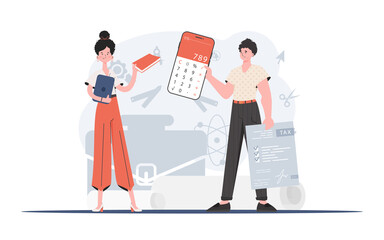 A man and a woman stand holding a calculator and a tax form in their hands. The study of taxes. Element for presentation.