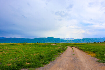 a country road among fields on the background of blue mountains