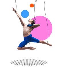 Flexible man. ballet dancer like puppet in somebodies hands dancing over colored background....