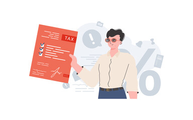 A man stands waist-deep and holds a tax payment form. Taxes. Element for presentation.