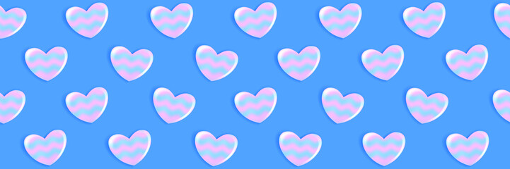 Pattern with flat glossy hearts. Plastic 3d objects