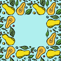 pear frame. Colored pear background with place for text. Doodle vector illustration with fruits