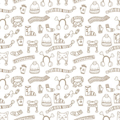 Hand-drawn winter clothing. Seamless pattern. Endless ornament. Vector illustration in doodle style. Winter mood. Hello 2023. Merry Christmas and Happy New Year. Brown elements on a white background.