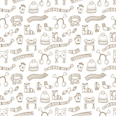 Hand-drawn winter clothing. Seamless pattern. Endless ornament. Vector illustration in doodle style. Winter mood. Hello 2023. Merry Christmas and Happy New Year. Brown elements on a white background.