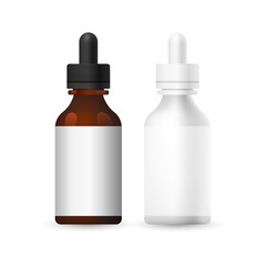 Set of realistic empty packages of beauty products for body. Collection of blank template of container for serum or oil pipette white, brown, transparent glass. Mock up illustration isolated on white.