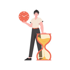 A man stands in full growth with an hourglass. Isolated. Element for presentation.