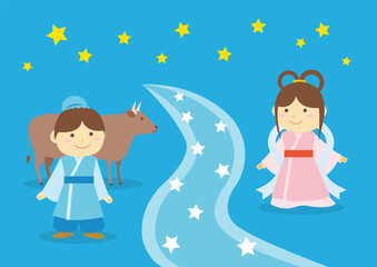 七夕イラスト_天の川_背景と牛あり