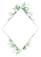 Watercolor green and gold leaves frame