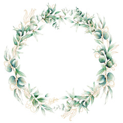 Watercolor green and gold leaves wreath - 511478283