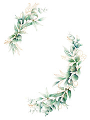 Fototapeta na wymiar Watercolor green and gold leaves wreath