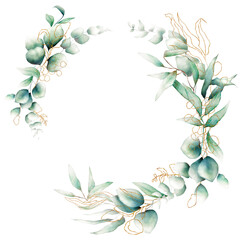 Watercolor green and gold leaves wreath - 511478285