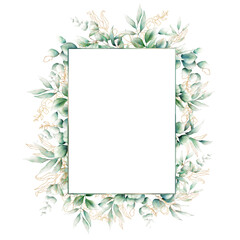Watercolor green and gold leaves frame