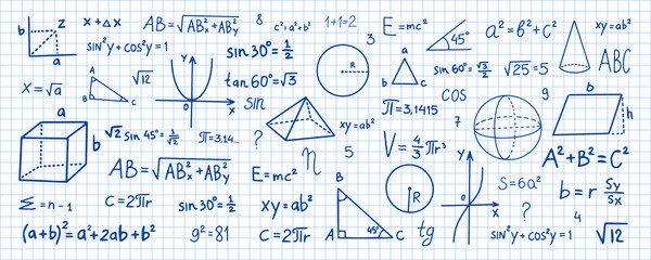 Hand drawn math symbols. Math symbols on notebook page background. Sketch math symbols