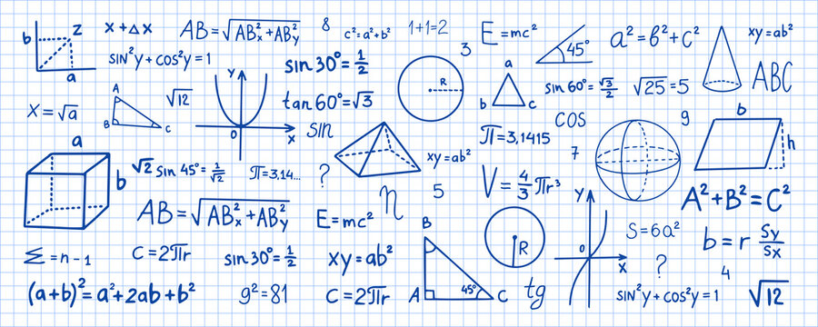 Fototapeta Hand drawn math symbols. Math symbols on notebook page background. Sketch math symbols