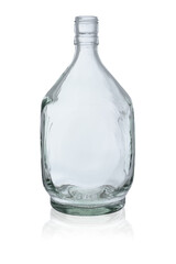A large, empty bottle made of clear, colorless glass. Isolated on a white background with reflection