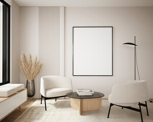 mock up poster frame in modern interior background, living room, Scandinavian style, 3D render, 3D illustration