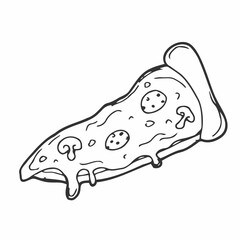 Vector illustration. Pizza slice with melted cheese and pepperoni. Hand drawn doodle. Cartoon sketch. Decoration for greeting cards, posters, emblems