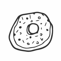 Donut isolated on white background. Vector illustration in a doodle style. Line art. Perfect for restaurant menu design, cafe, kitchen, web site, print on the cloth. Appetizing food image. Eps10.